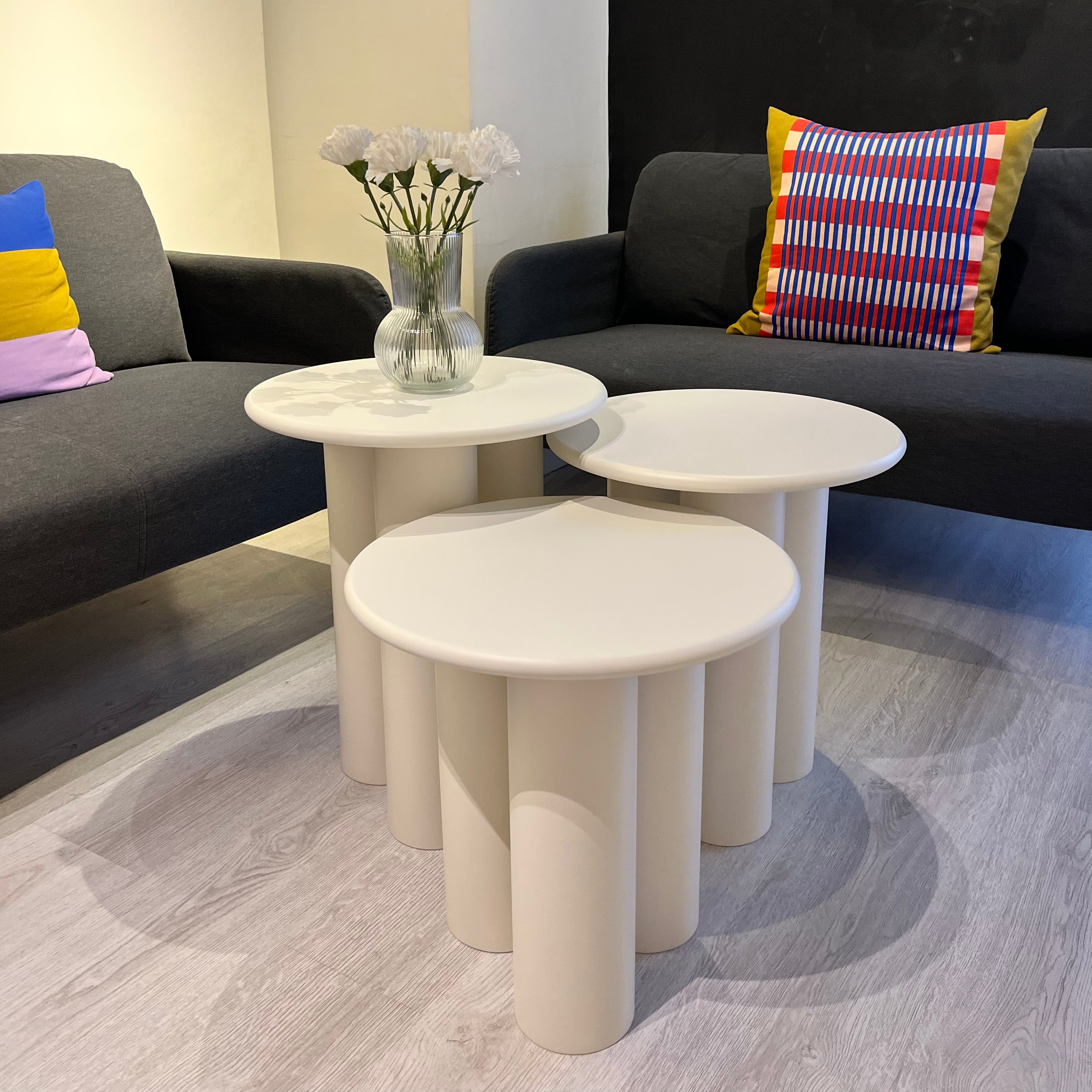 Linen Mantar Yan Sehpa 3'lü Set Krem