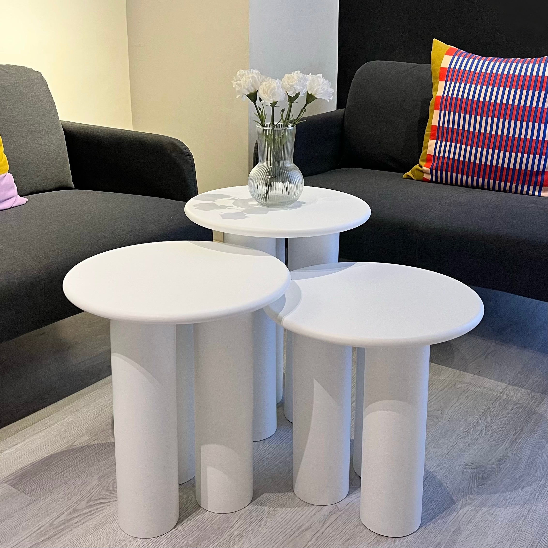 Linen Mantar Yan Sehpa 3'lü Set Beyaz