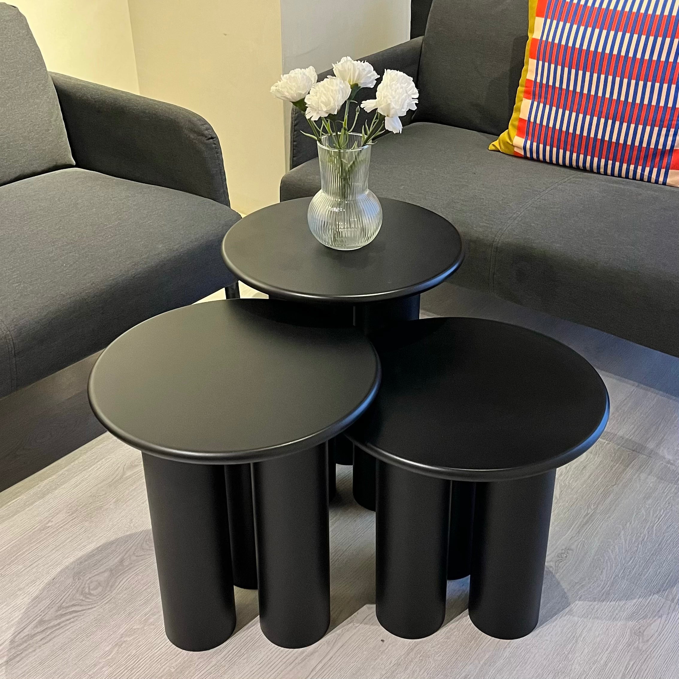 Linen Mantar Yan Sehpa 3'lü Set Siyah