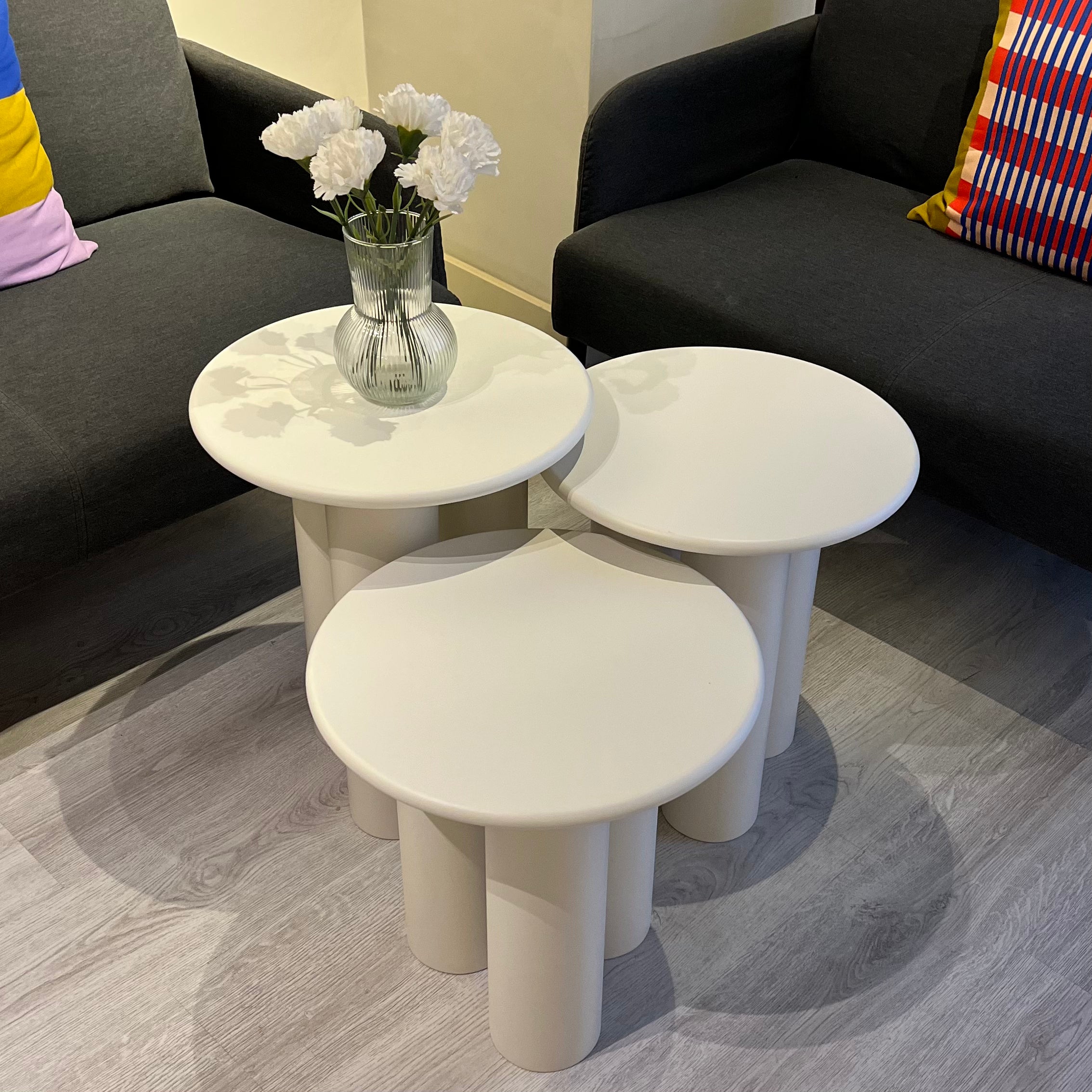 Linen Mantar Yan Sehpa 3'lü Set Krem